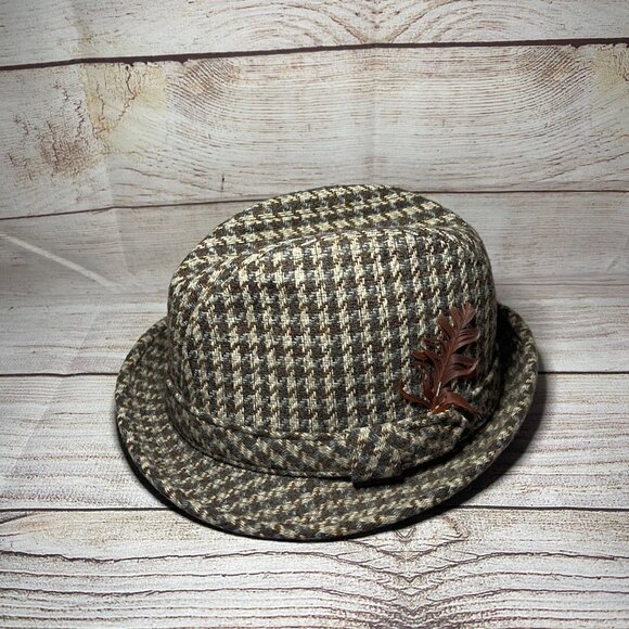 Vintage Knox Premier Quality Fedora Houndstooth Plaid Wool Tweed Hat Size 7 3/8 - Picture 1 of 7